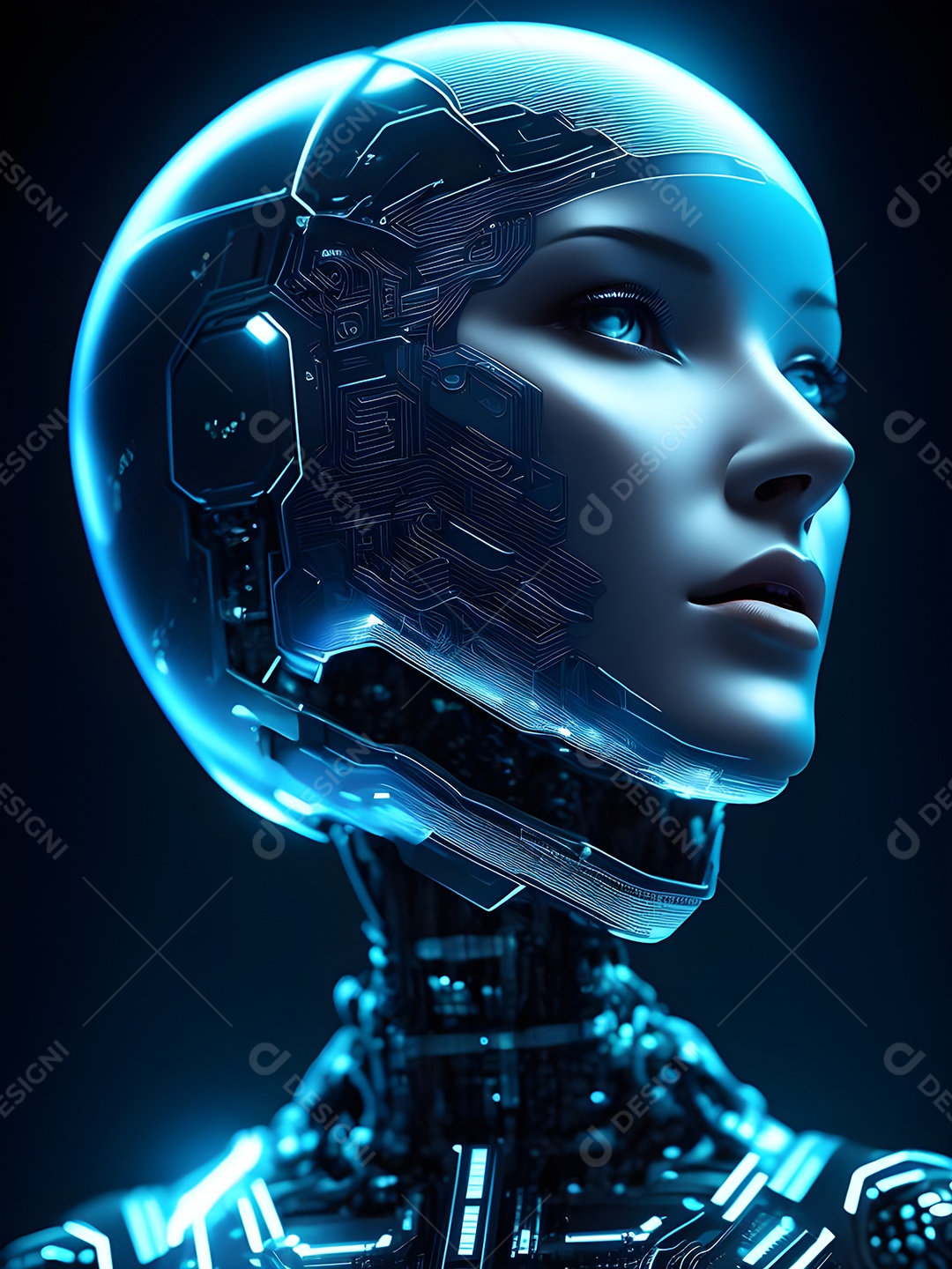 Meia cara do robô mecânico que parece, fios super detalhados e intrincados no futuro.