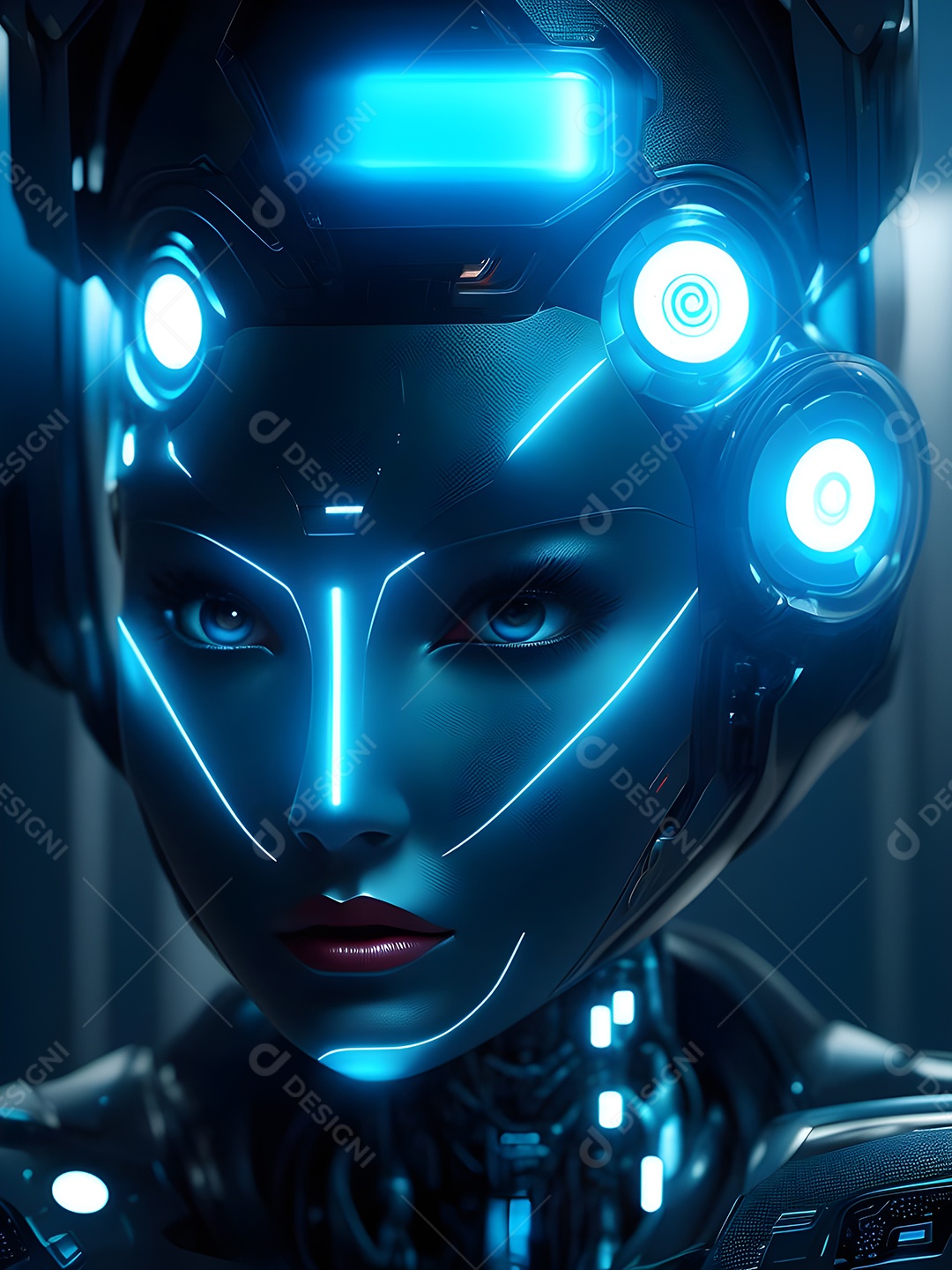 Meia cara do robô mecânico que parece, fios super detalhados e intrincados no futuro.