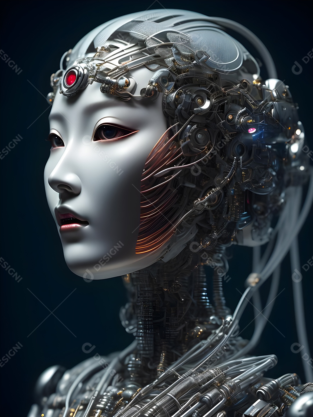 Meia cara do robô mecânico que parece, fios super detalhados e intrincados no futuro.