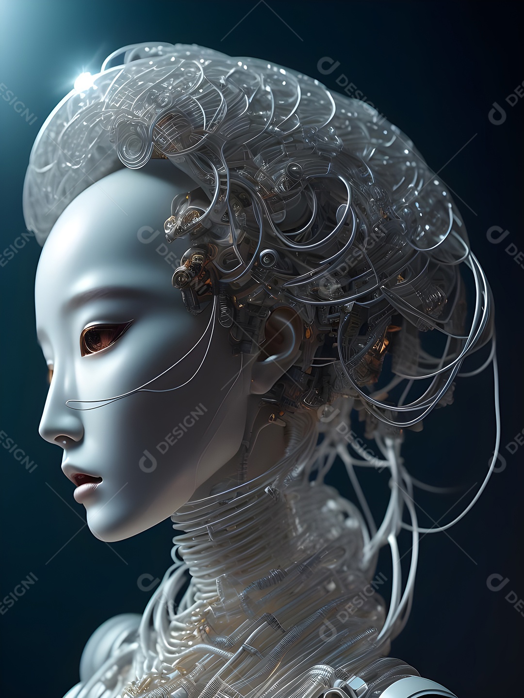 Meia cara do robô mecânico que parece, fios super detalhados e intrincados no futuro.