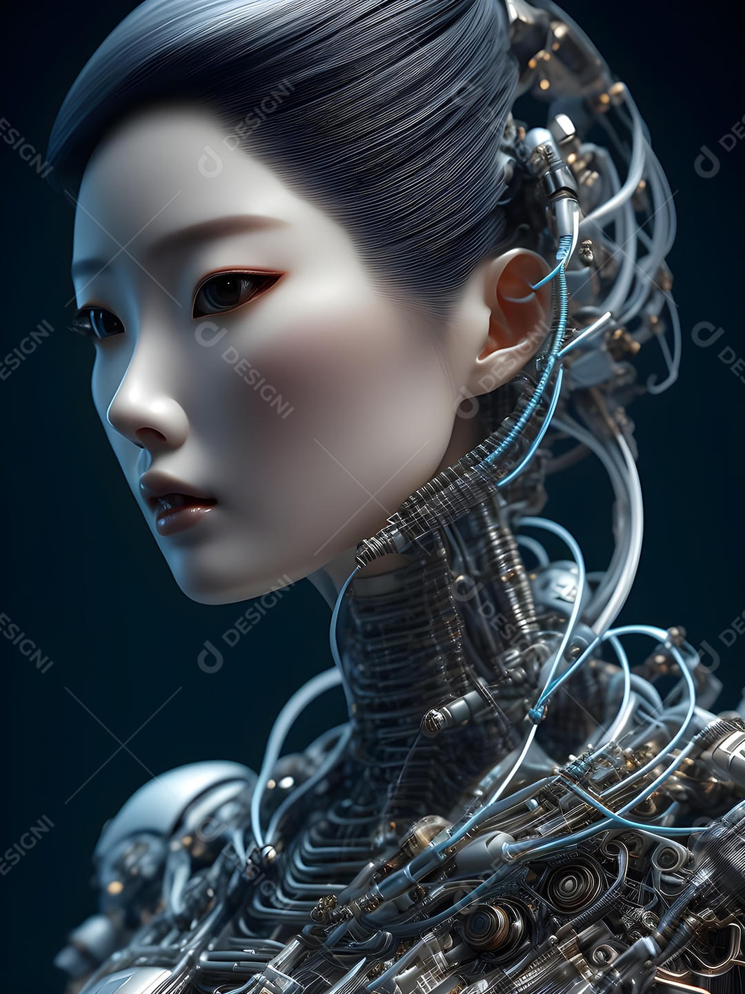 Meia cara do robô mecânico que parece, fios super detalhados e intrincados no futuro.