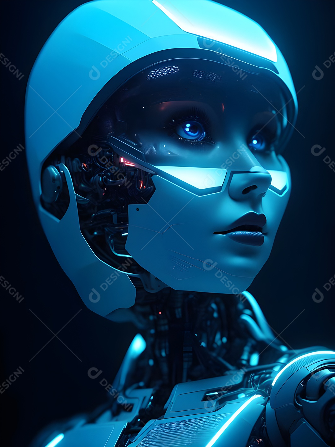 Meia cara do robô mecânico que parece, fios super detalhados e intrincados no futuro.