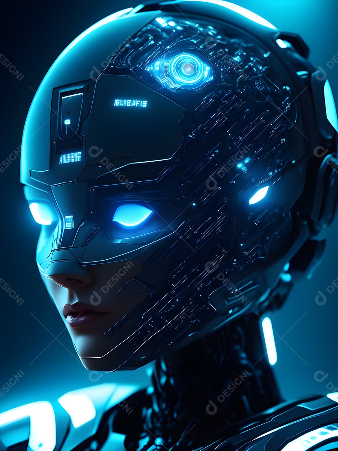 Meia cara do robô mecânico que parece, fios super detalhados e intrincados no futuro.