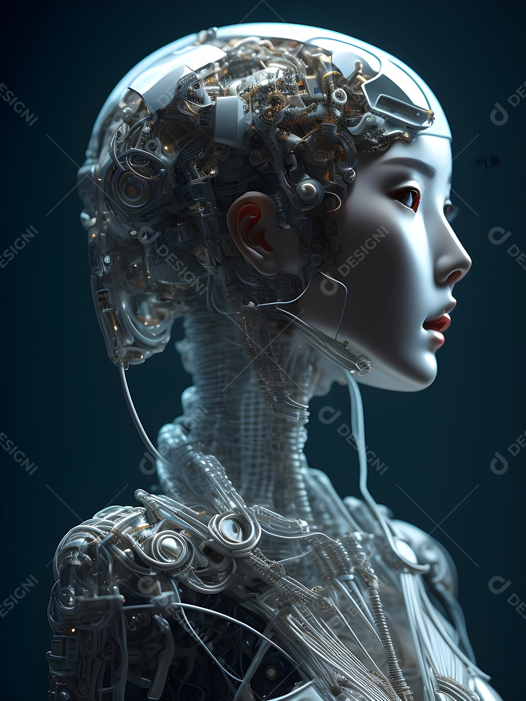 Meia cara do robô mecânico que parece, fios super detalhados e intrincados no futuro.