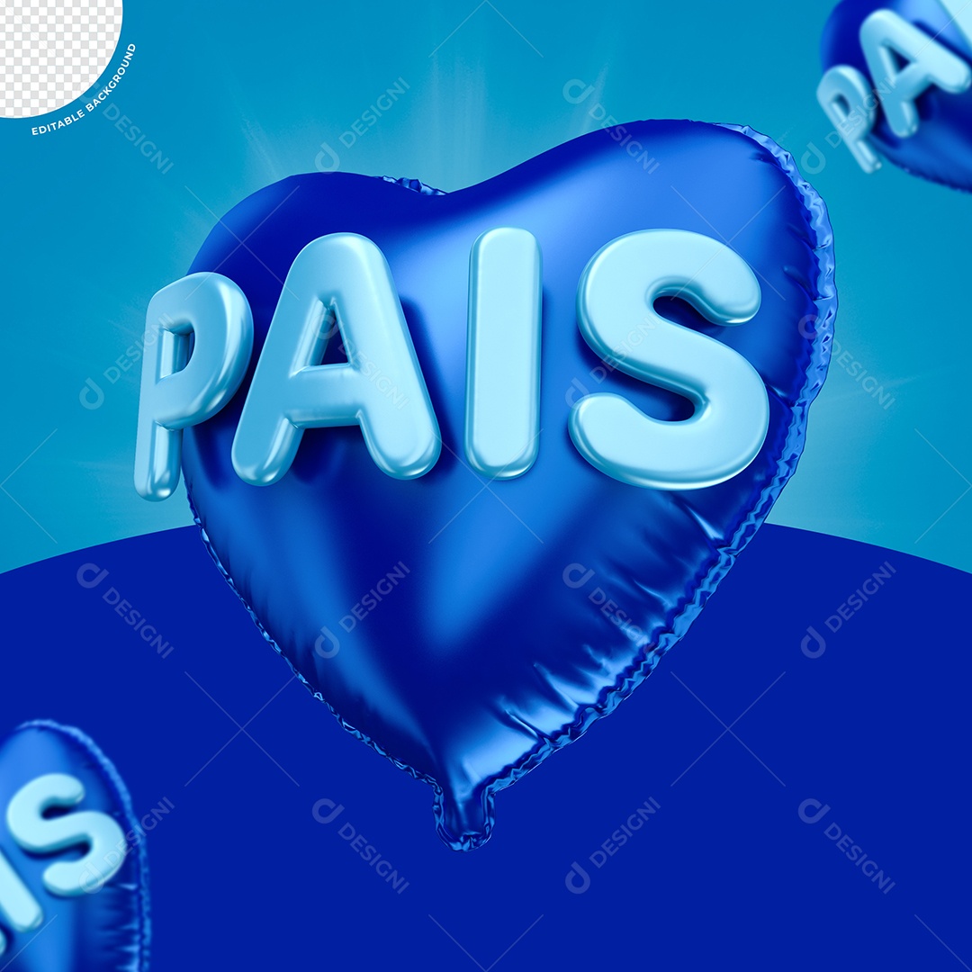 Elemento 3D Balão De Coração Azul Pais Para Composição PSD