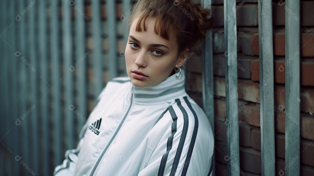 Linda garota jovem loira com blusa da adidas