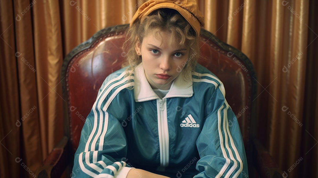 Linda garota jovem loira com blusa da adidas