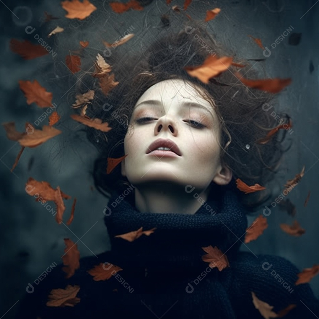 Linda jovem com folhas voando