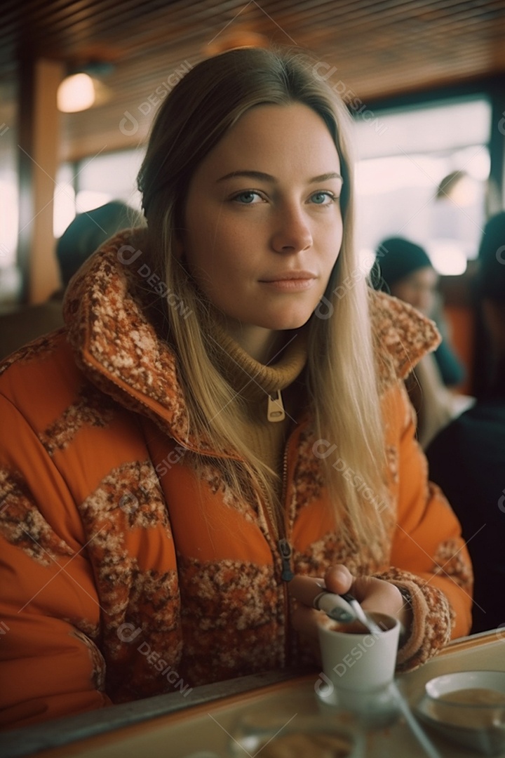 Linda mulher jovem tomando café