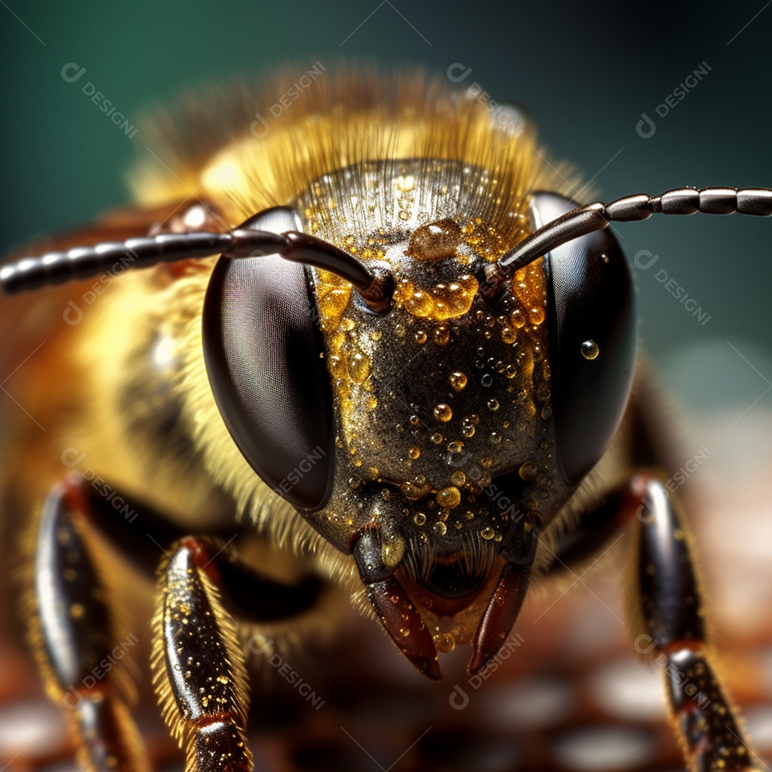 Abelha suja de mel com fundo desfocado