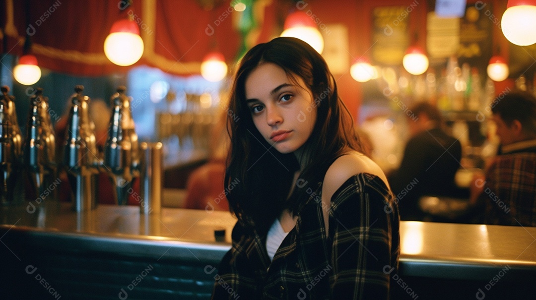 Linda mulher sentada na mesa do bar