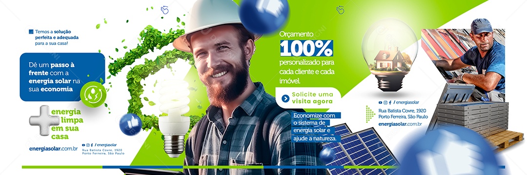 Energia Solar Orçamento 100% Personalizado Carrossel Social Media PSD Editável