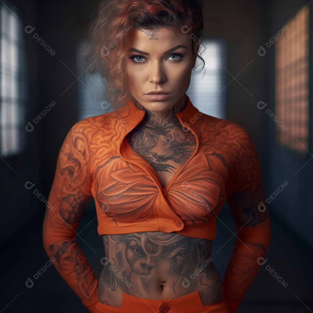 Mulher tatuada com roupas laranjas na prisão