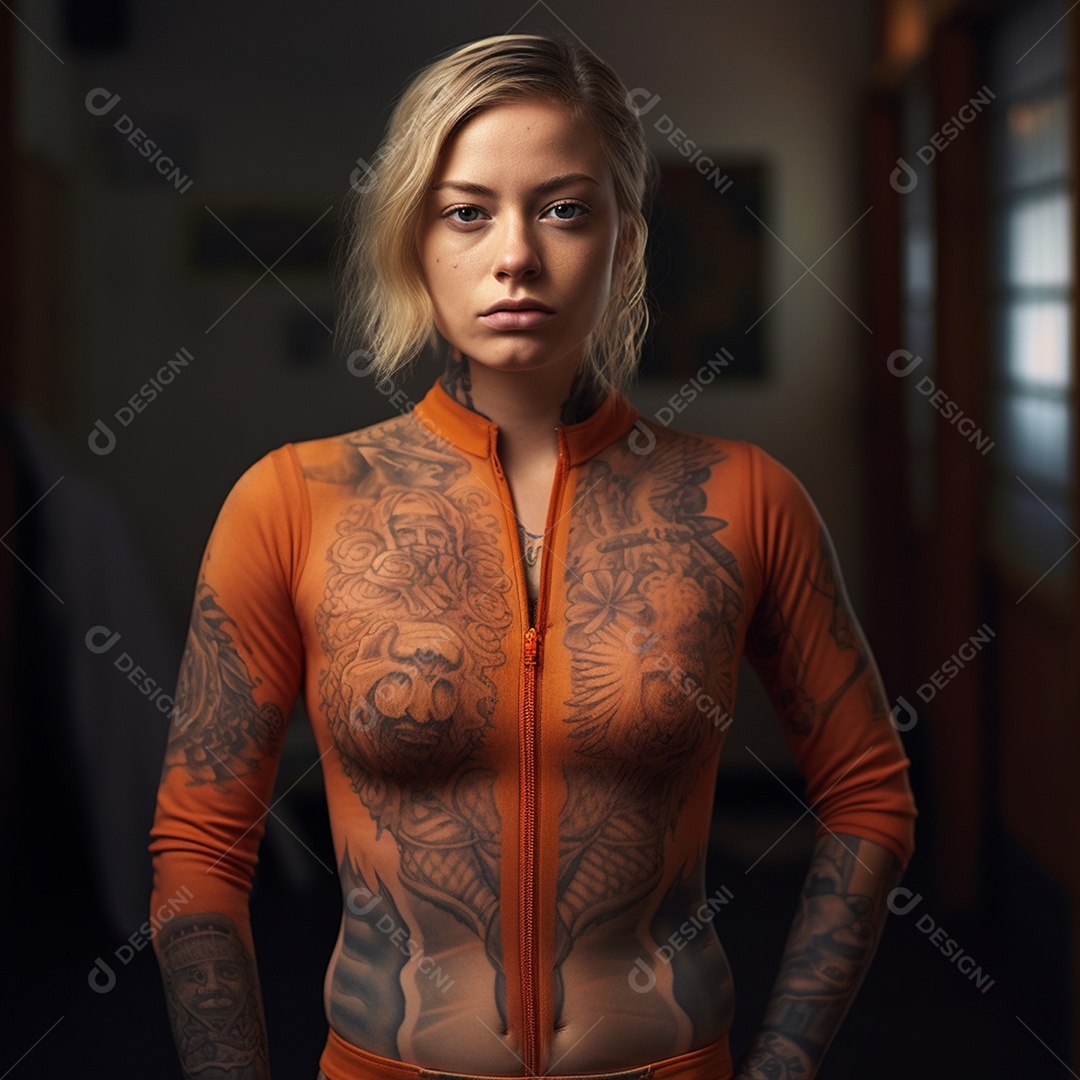 Mulher tatuada com roupas laranjas na prisão