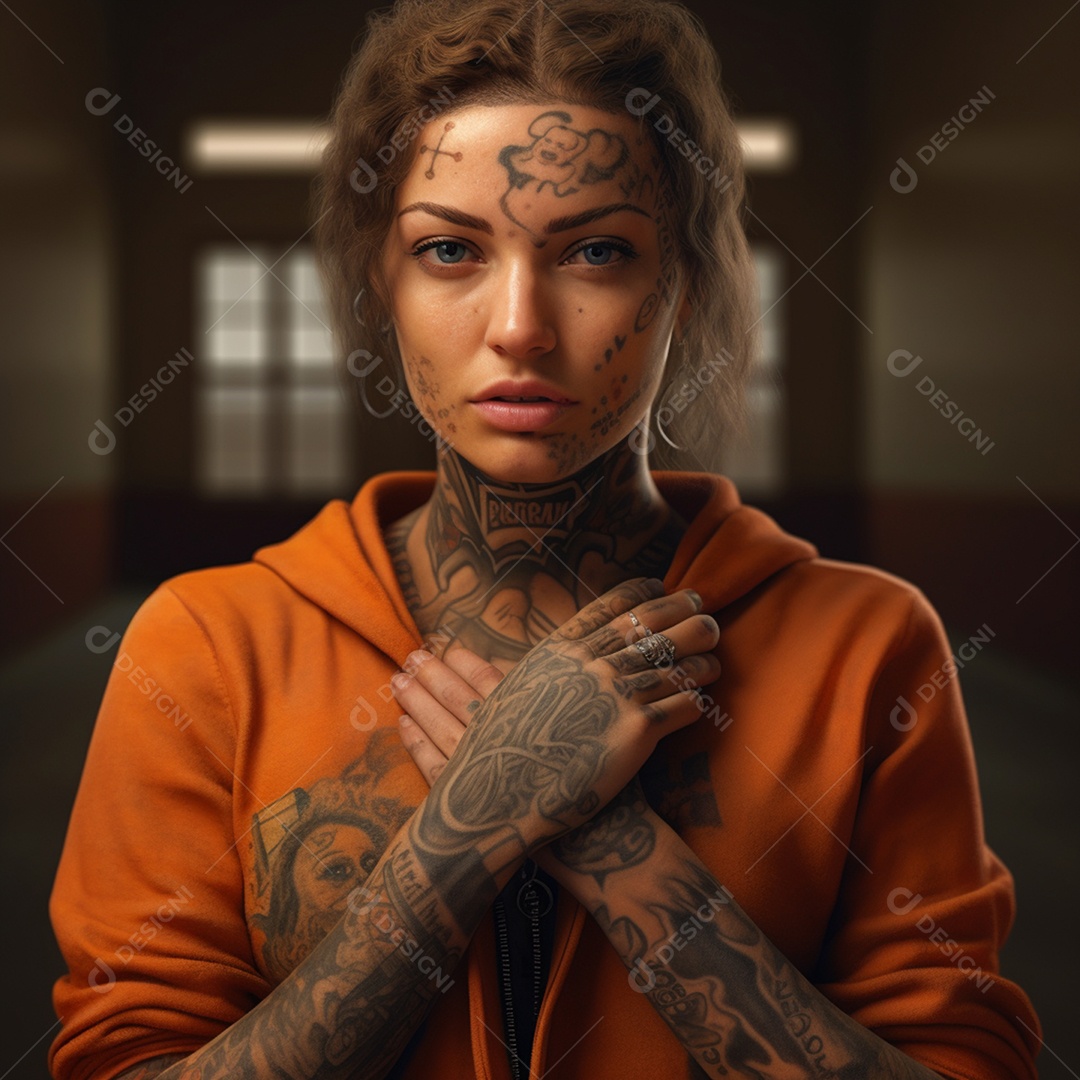 Mulher tatuada com roupas laranjas na prisão