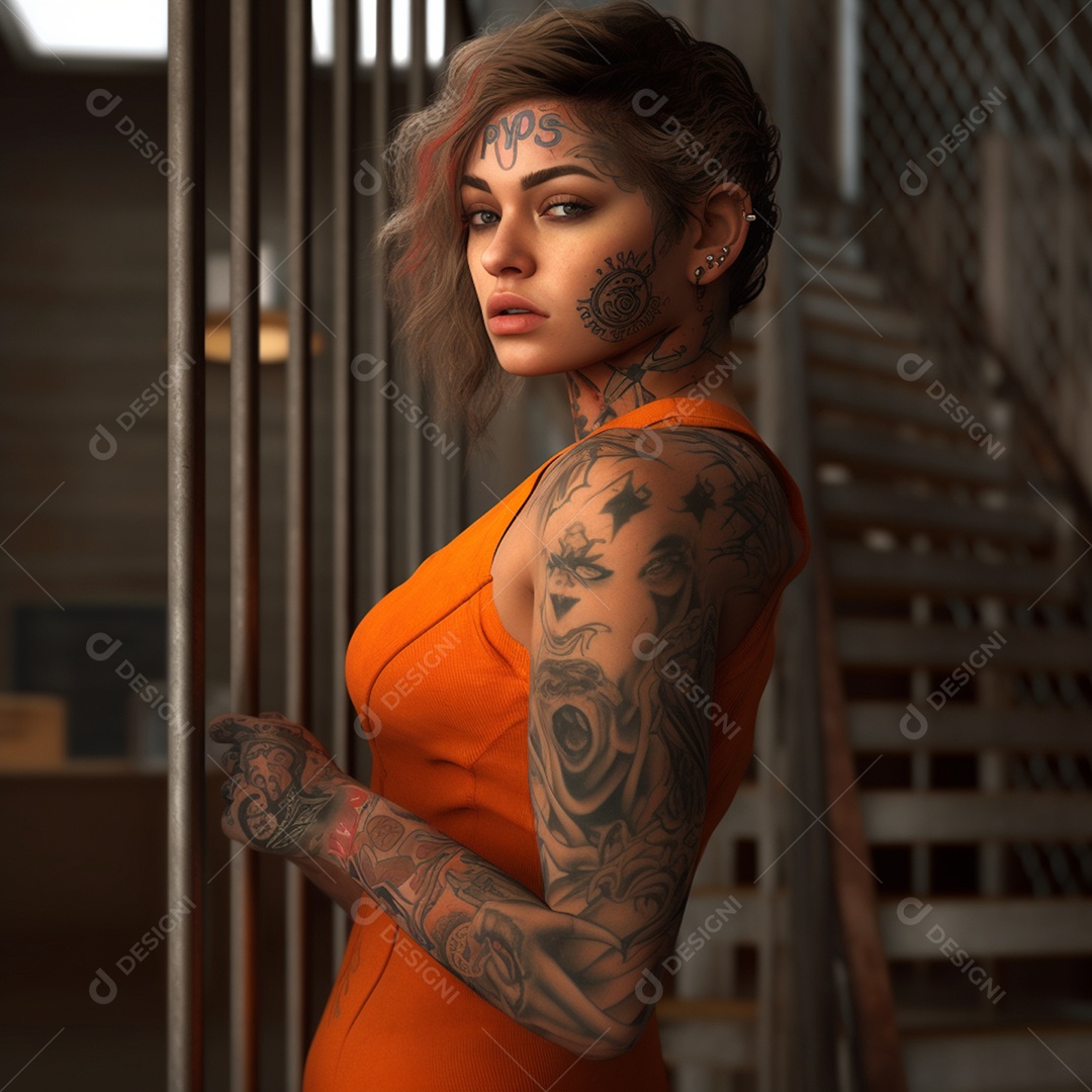Mulher tatuada com roupas laranjas na prisão