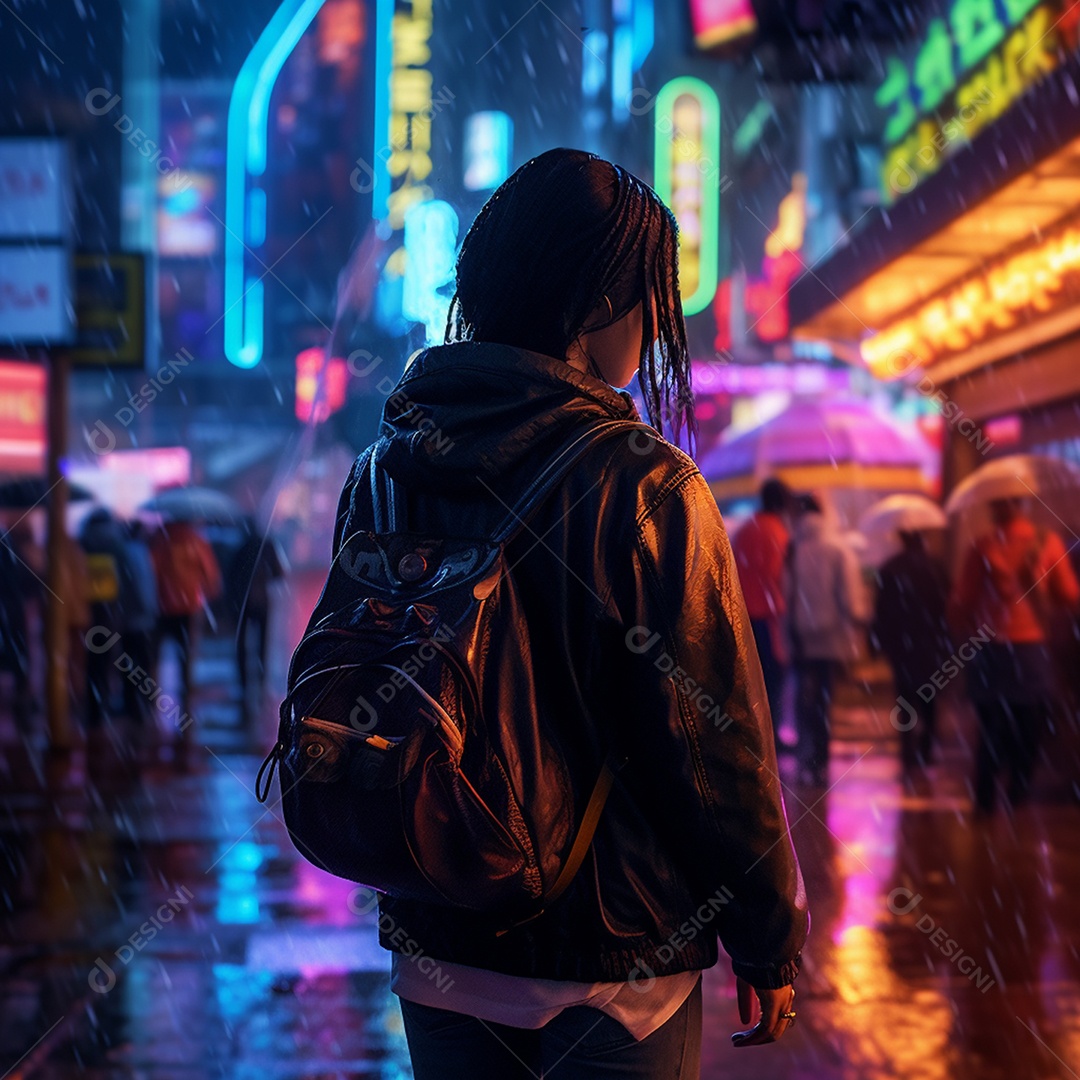 Mulher em rua com placas neon