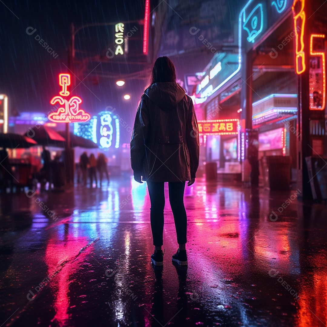 Mulher em rua com placas neon