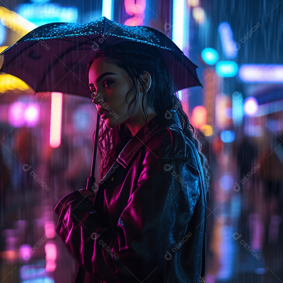 Mulher em rua com placas neon