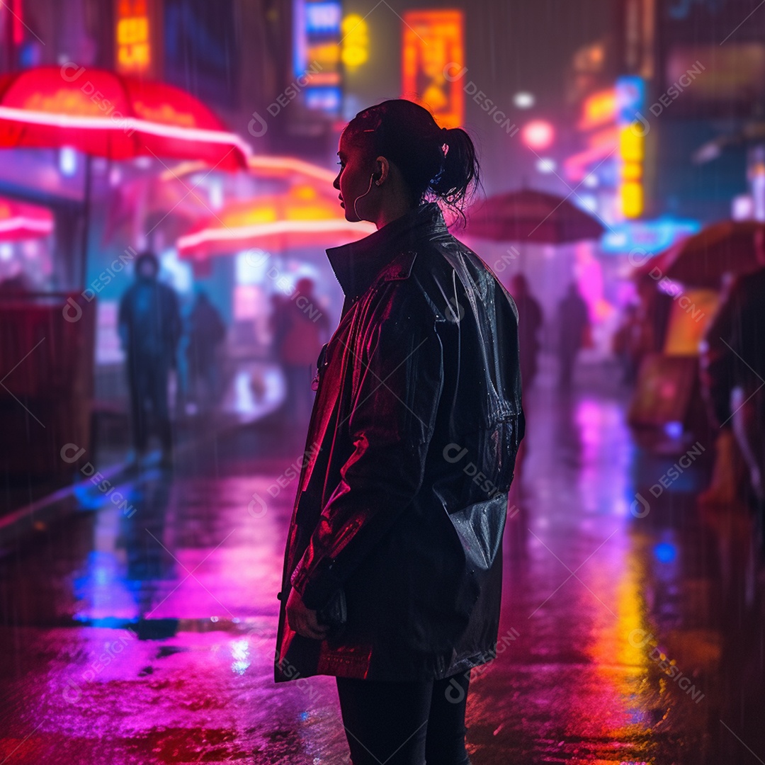 Mulher em rua com placas neon