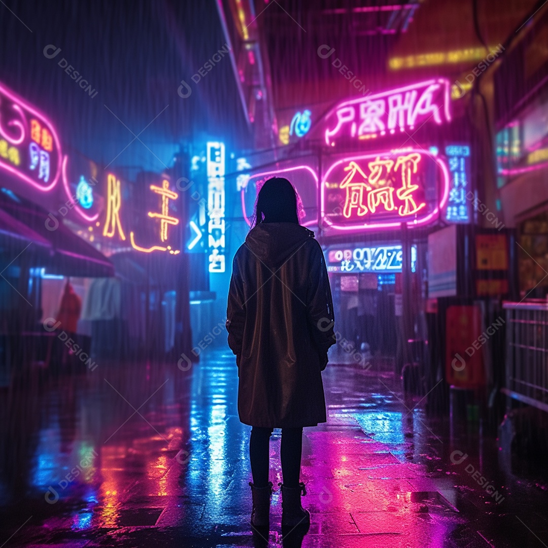 Mulher em rua com placas neon