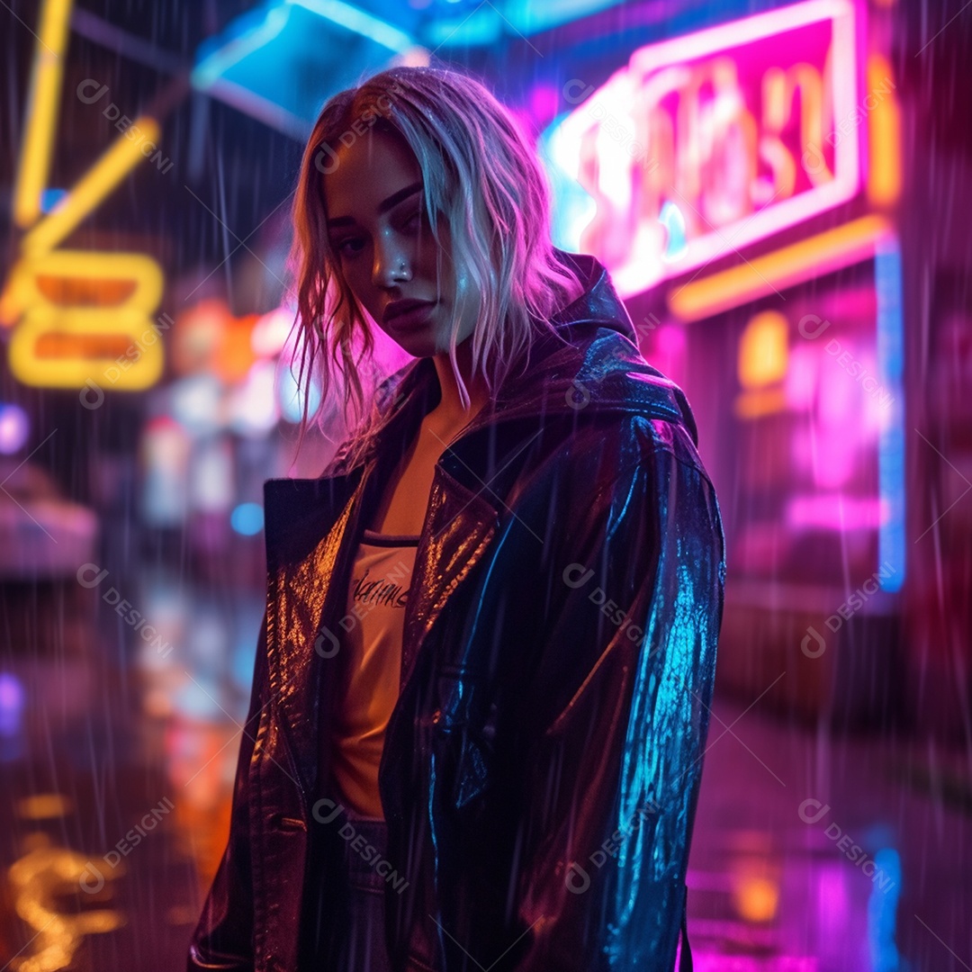 Mulher em rua com placas neon