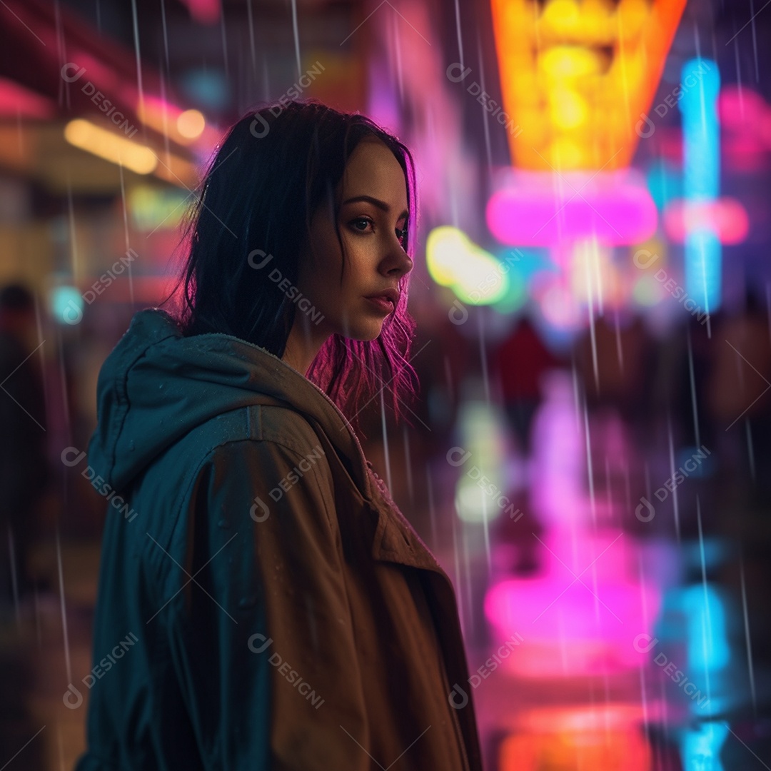 Mulher em rua com placas neon