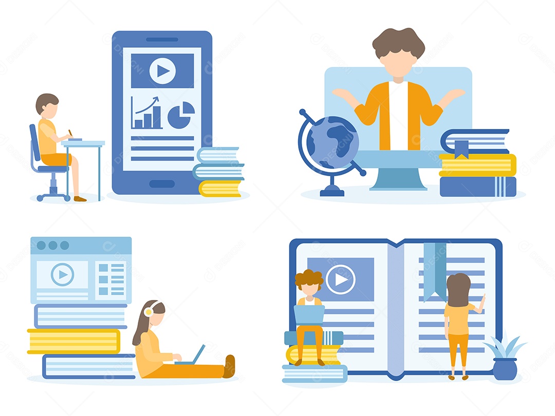 Aluno Vendo e Aprendendo Curso Online Ilustração Vetor EPS