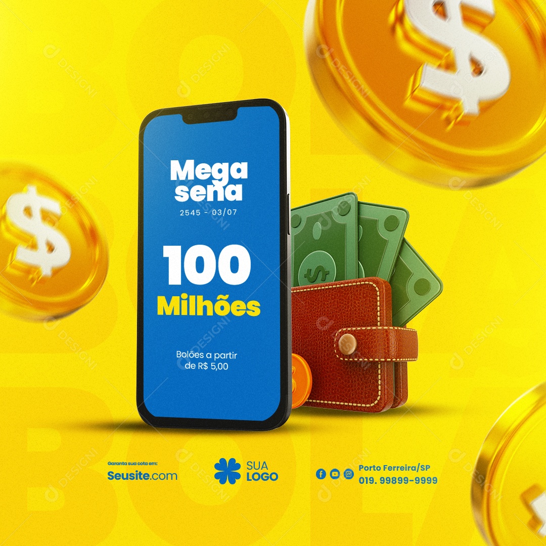 Lotérica Mega Sena 100 Milhões Bolões A Partir De 5,00 Social Media PSD Editável