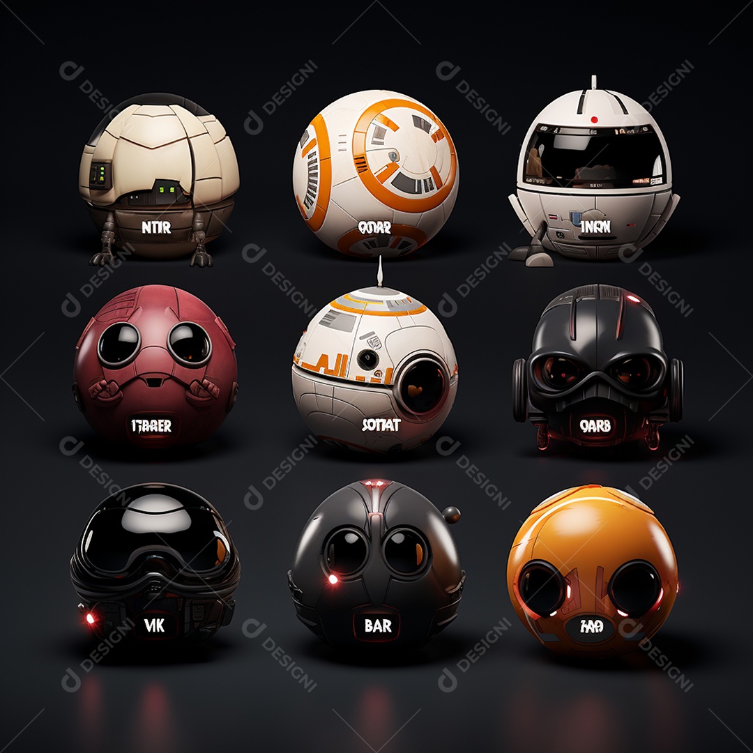 Imagem realista de personagens robôs em fundo preto