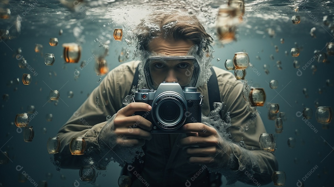 Homem fotografando em baixo da agua