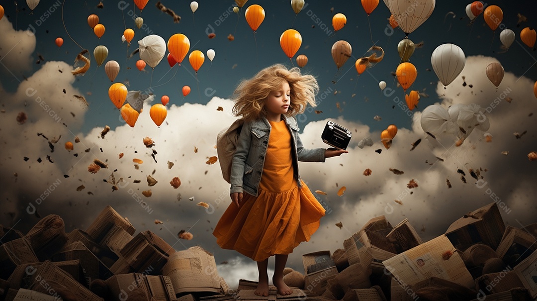 Criança loira andando com uma câmera na mão