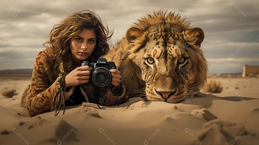 Mulher ao lado de um leoa