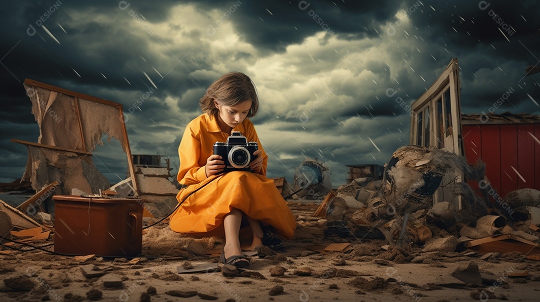 Menina segurando sua câmera em clima chuvoso