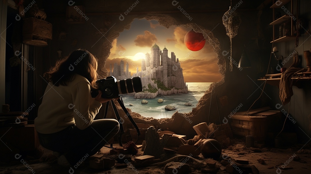 Menina fotografando o por do sol