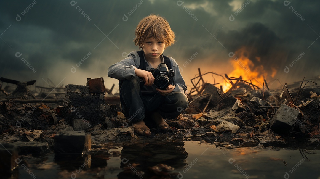 Menino segurando sua câmera em um cenário sujo