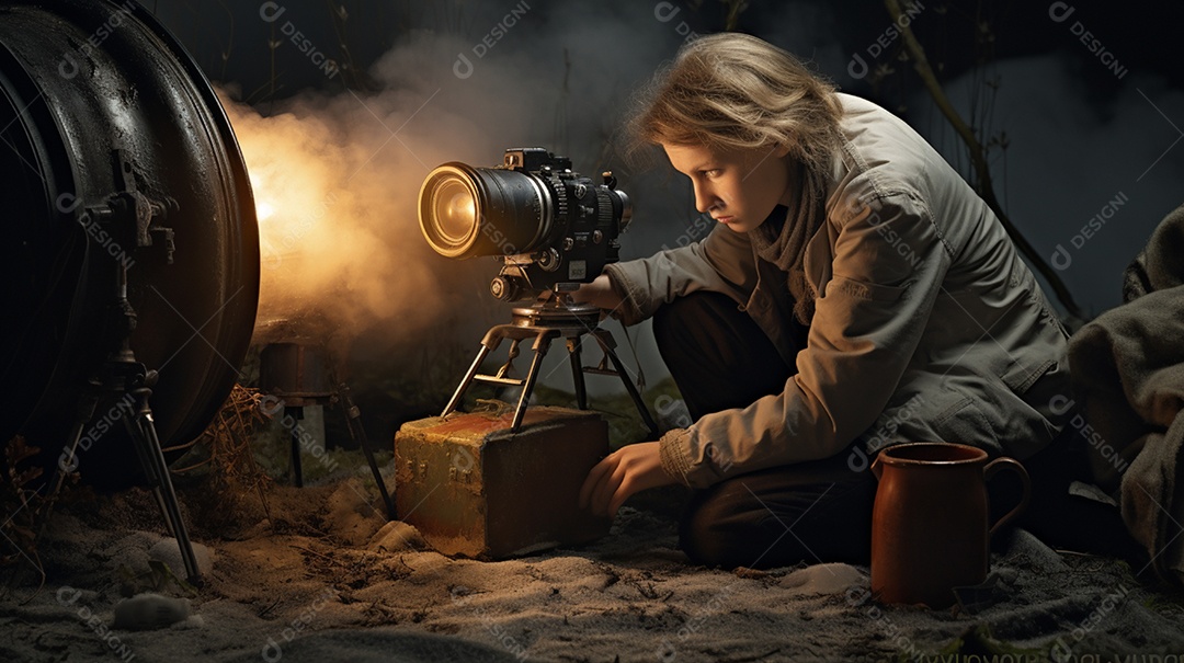 Ilustração de uma mulher segurando uma câmera sobre um tripe