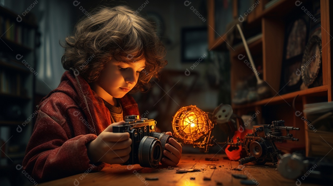 Pequena criança observando sua câmera