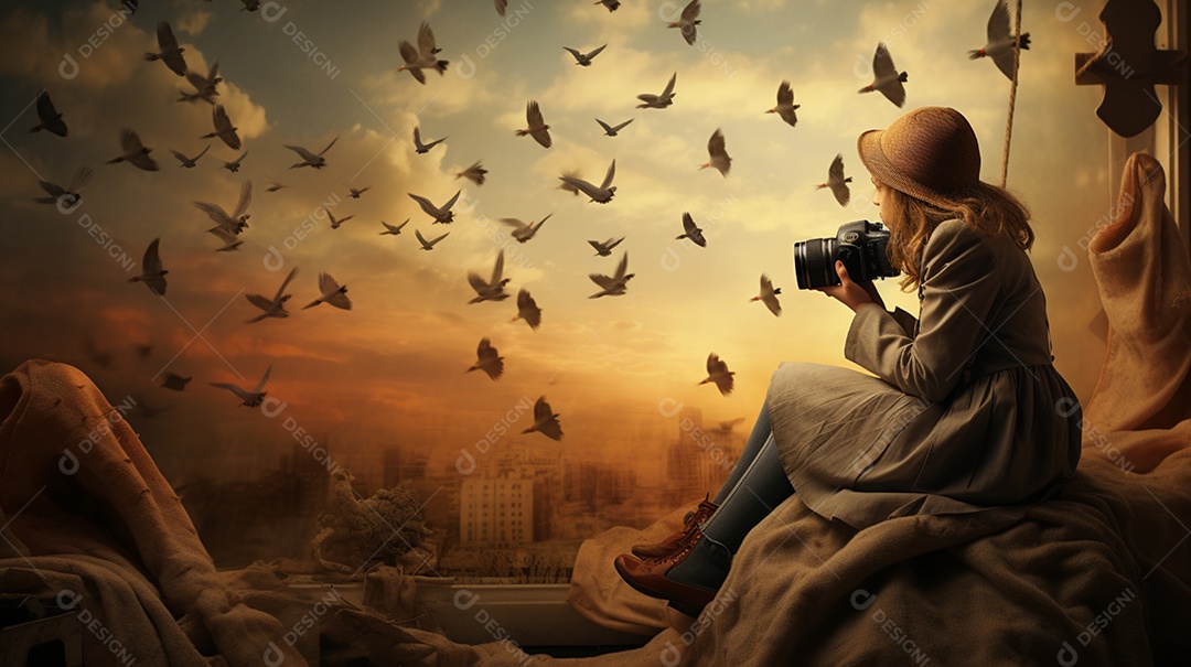 Pequena criança fotografando bando de pássaros