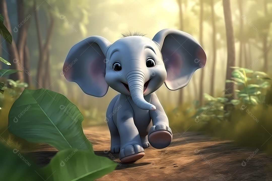 Ilustração de pequeno elefante bebê correndo em floresta