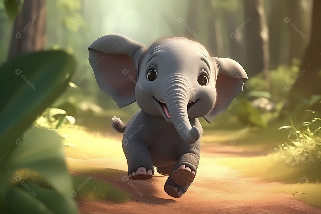 Ilustração de pequeno elefante bebê correndo em floresta
