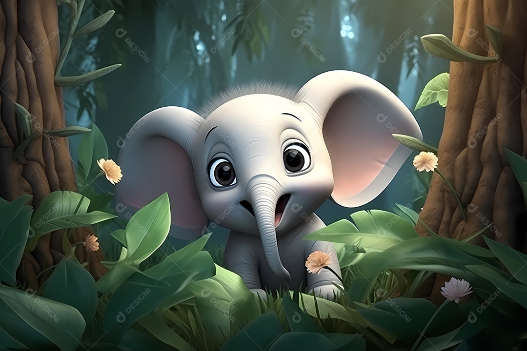 Ilustração de pequeno bebê elefante em floresta