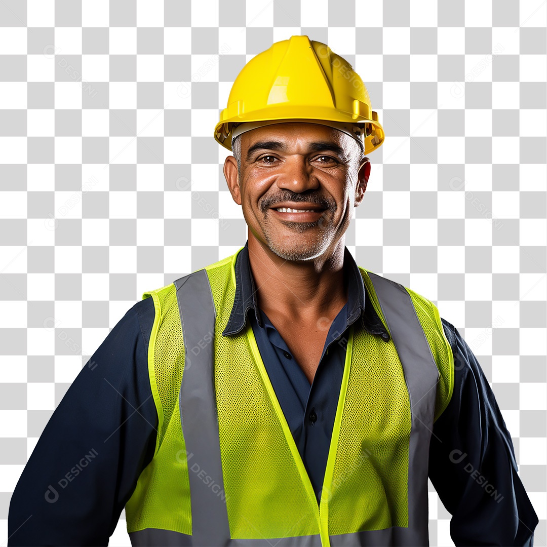 Homem Operário Sorrindo com Capacete e Colete Amarelo Fundo PNG Transparente