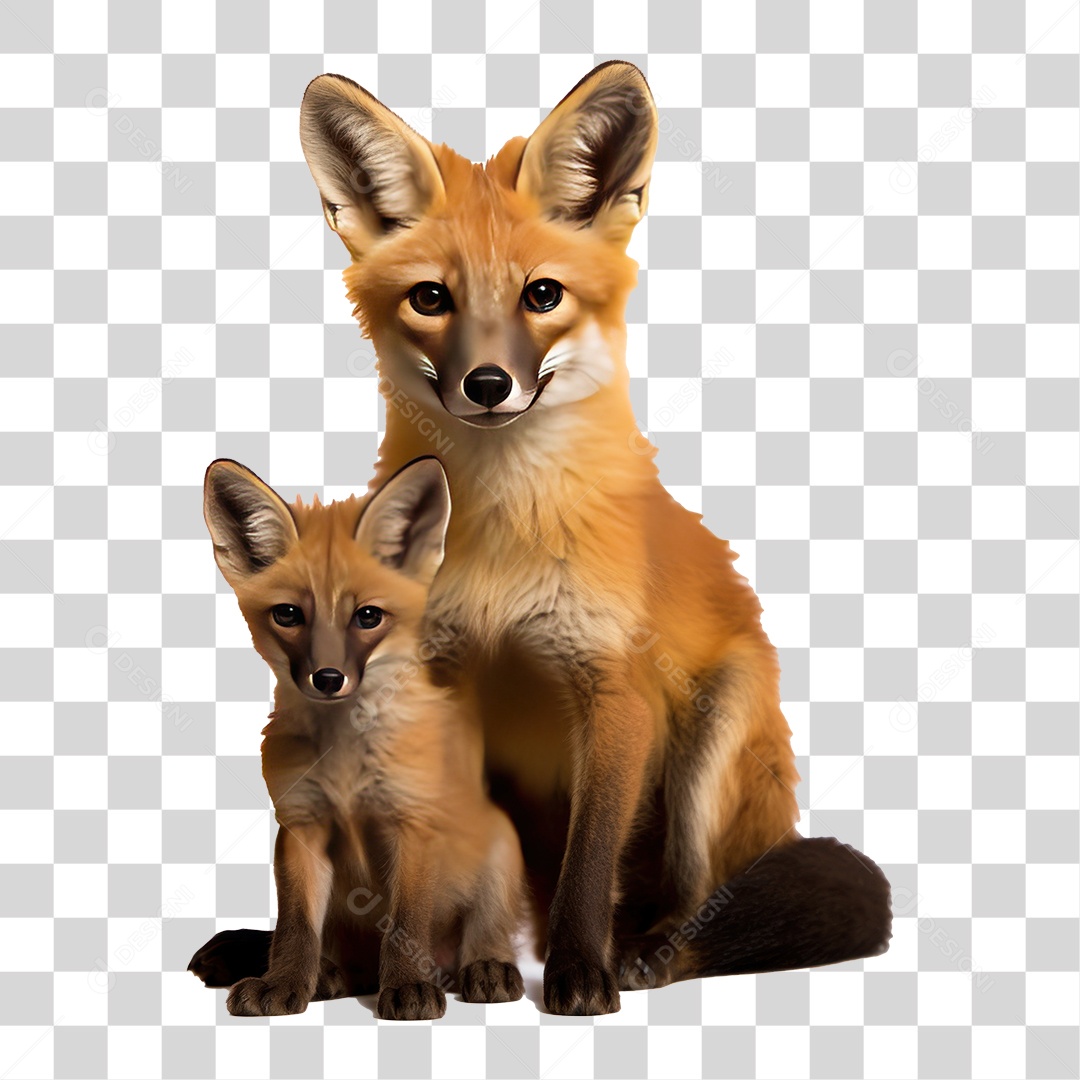 Raposa Vermelha e Filhote Sentados Fundo PNG Transparente