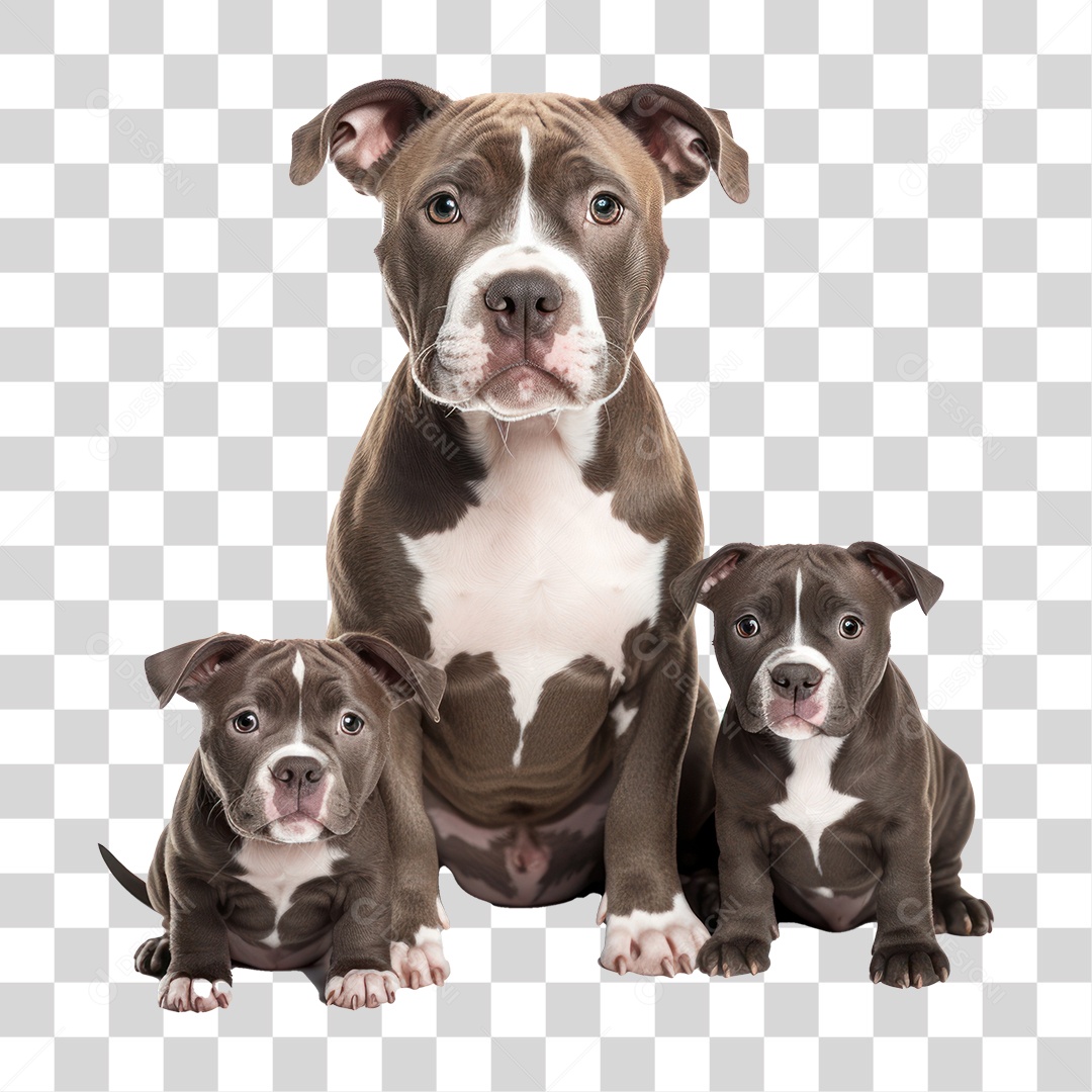 Cachorro Pitbull e Filhotes Sentados Fundo PNG Transparente