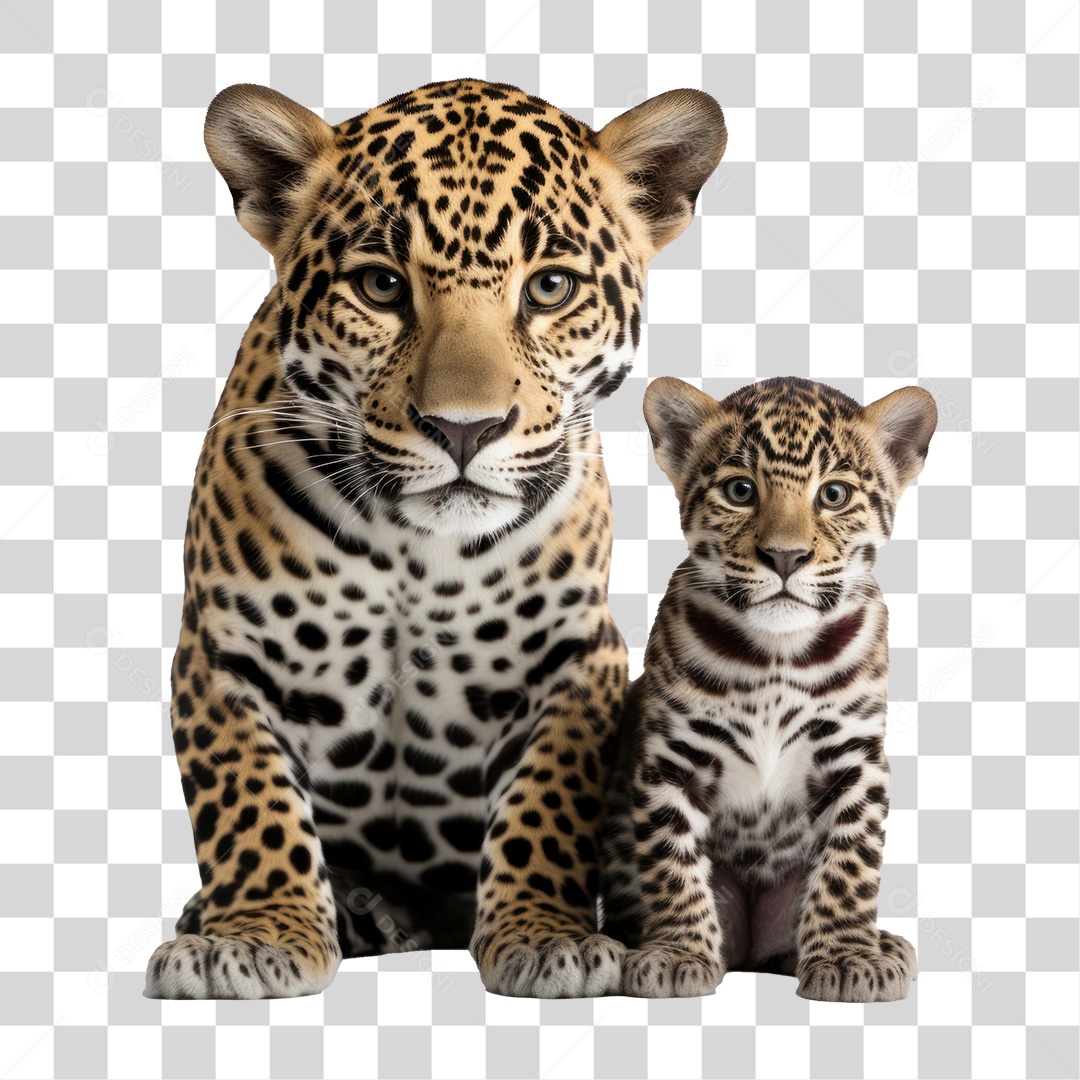 Onça Pintada Marcho e Filhote Olhando para Câmera Fundo PNG Transparente
