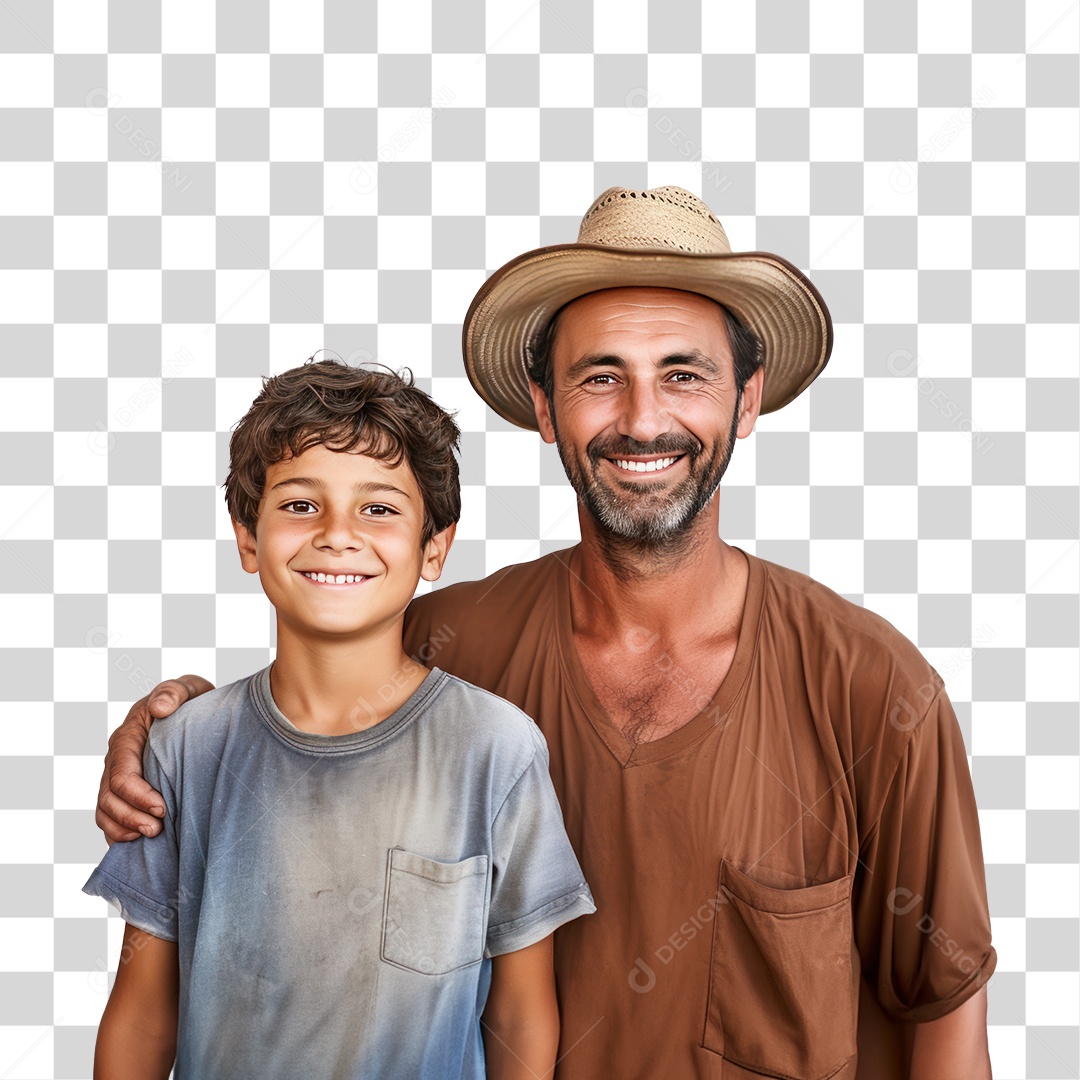 Pai de Chapéu e Filho Sorrindo para Câmera Fundo PNG Transparente