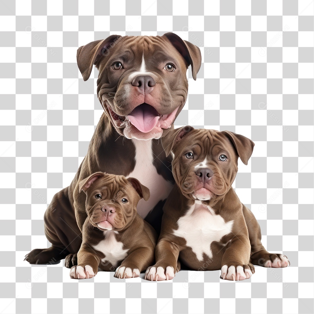 Cachorro Pitbull e Filhotes Olhando para Câmera Fundo PNG Transparente