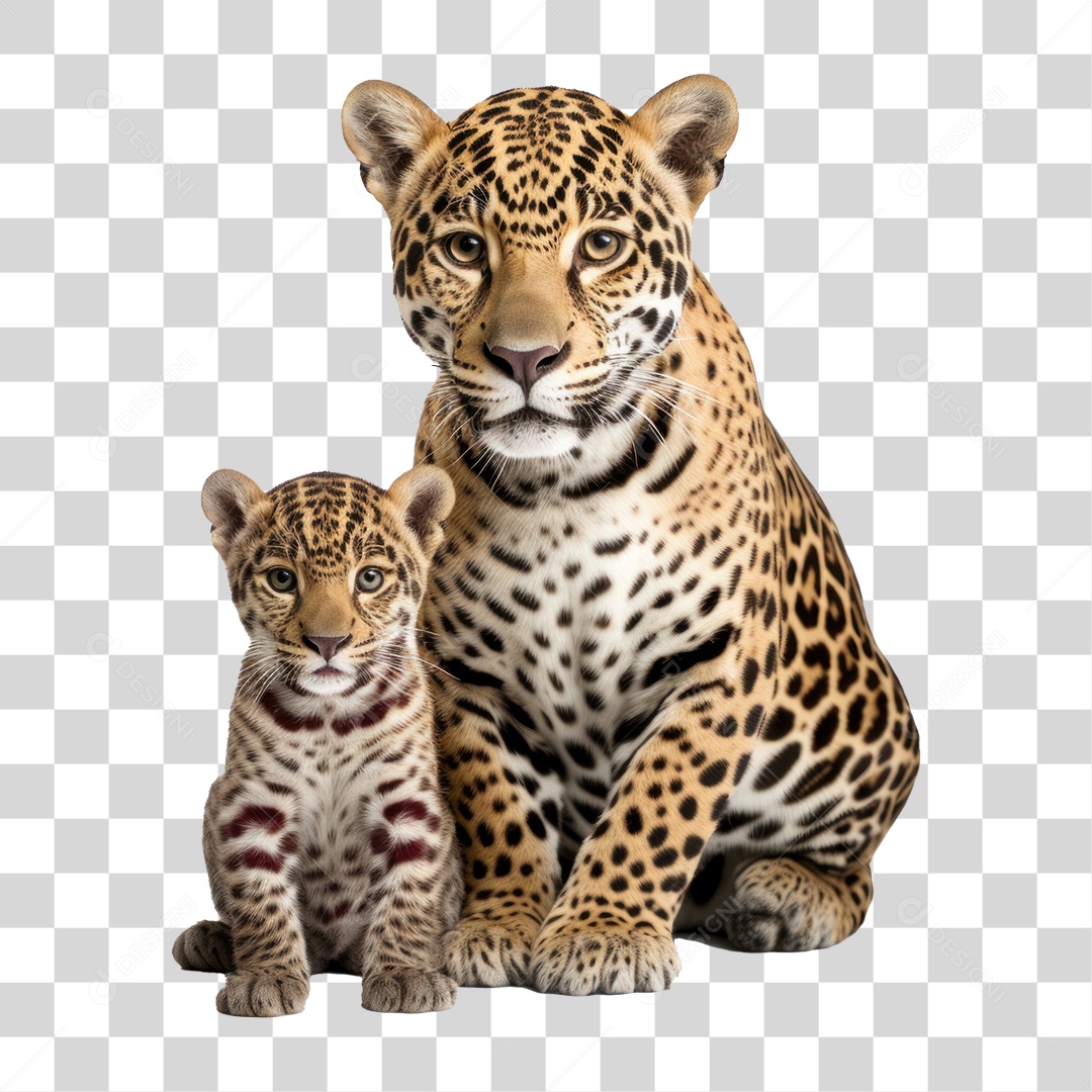 Onça Pintada e Filhote Olhando para Câmera Fundo PNG Transparente