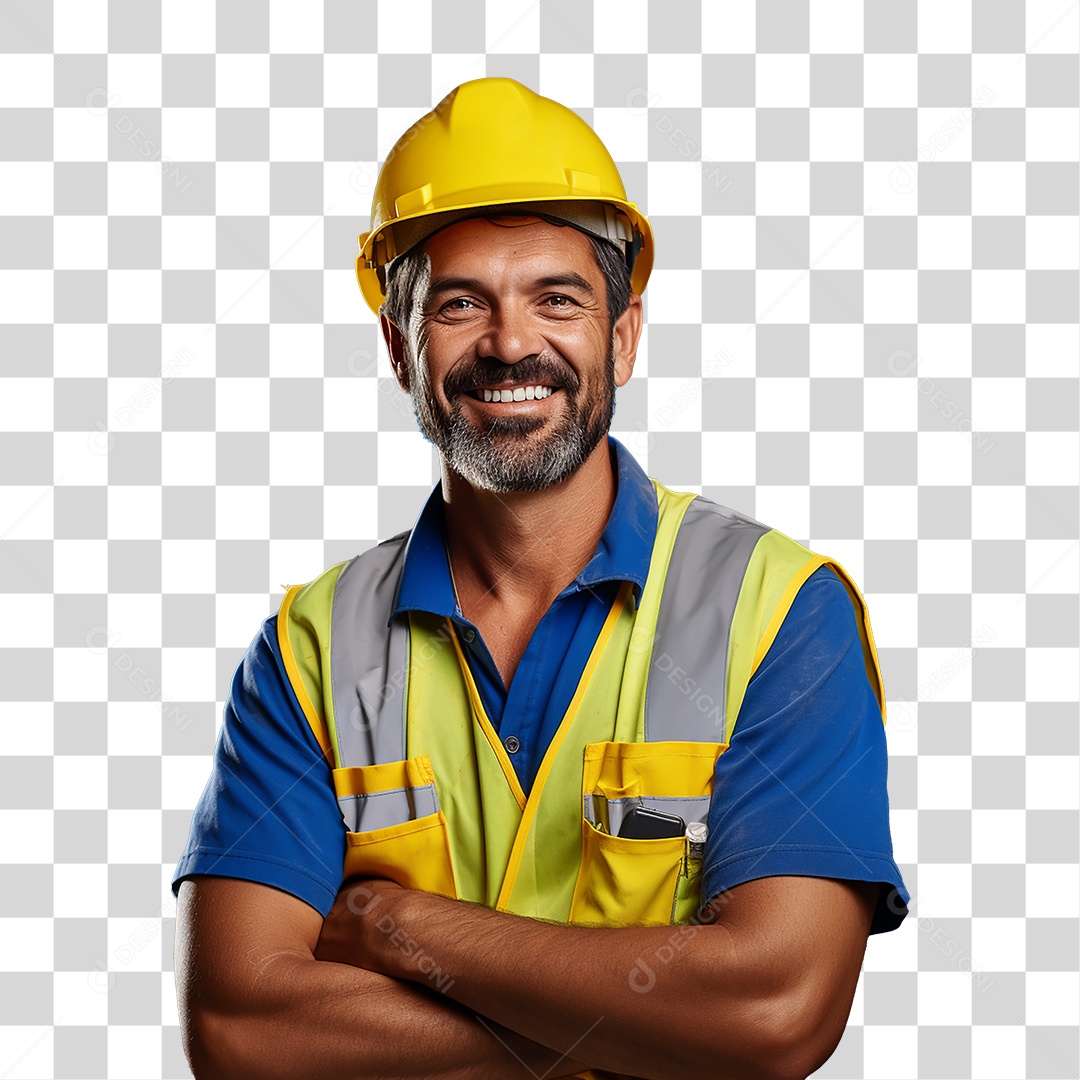 Homem Operário de Braços cruzados Sorrindo com Capacete e Colete Amarelo Fundo PNG Transparente